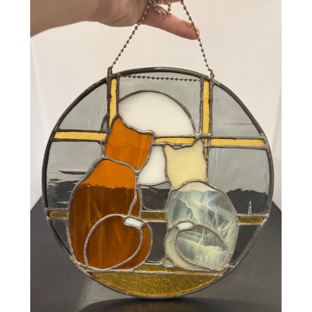 Stained Glass Suncatcher Multi Color Two Cats Kitten Kitty in Window Moonlit